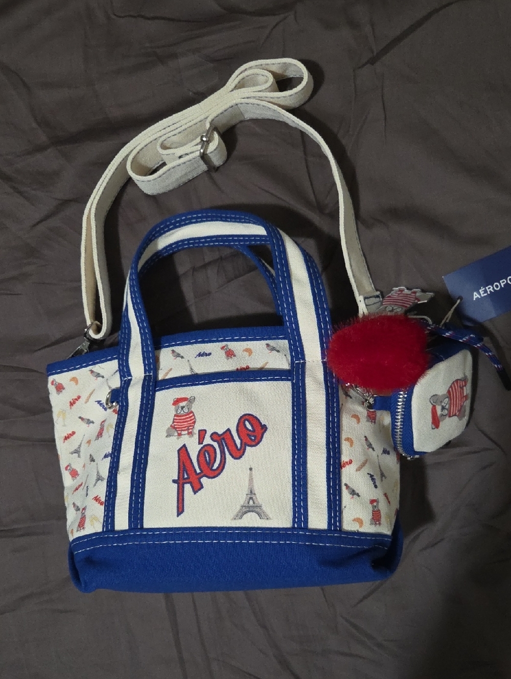 Aeropostale Blue & White Mini Crossbody Satchel with Red Pom French Bulldog NWT